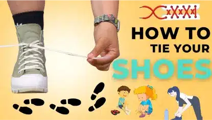 Best tablet for kids: Goally's goal mine video thumbnail illustrating a shoe tying demonstration with the title 'HOW TO TIE YOUR SHOES'