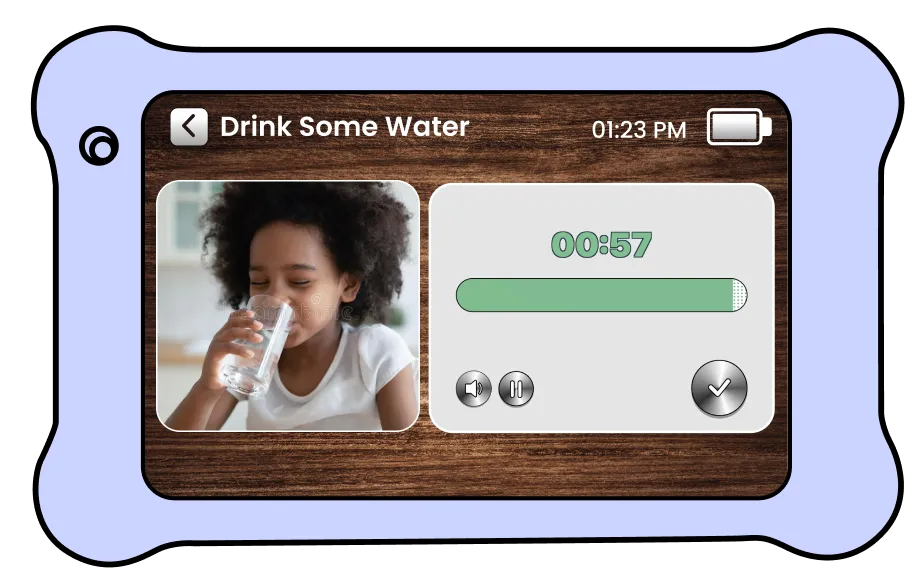 A young child drinking water, from an emotional regulation app interface.