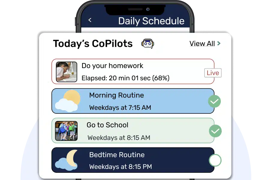 Interactive visual schedule app for CoPilot interface showing daily tasks for efficient parenting.