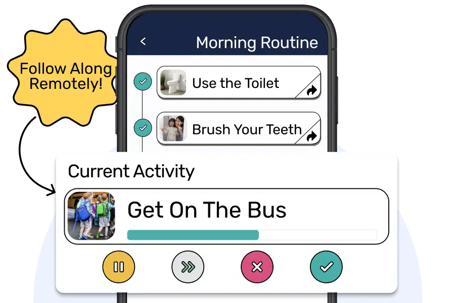 Visual schedule app display with remote follow-along feature for monitoring morning routines.