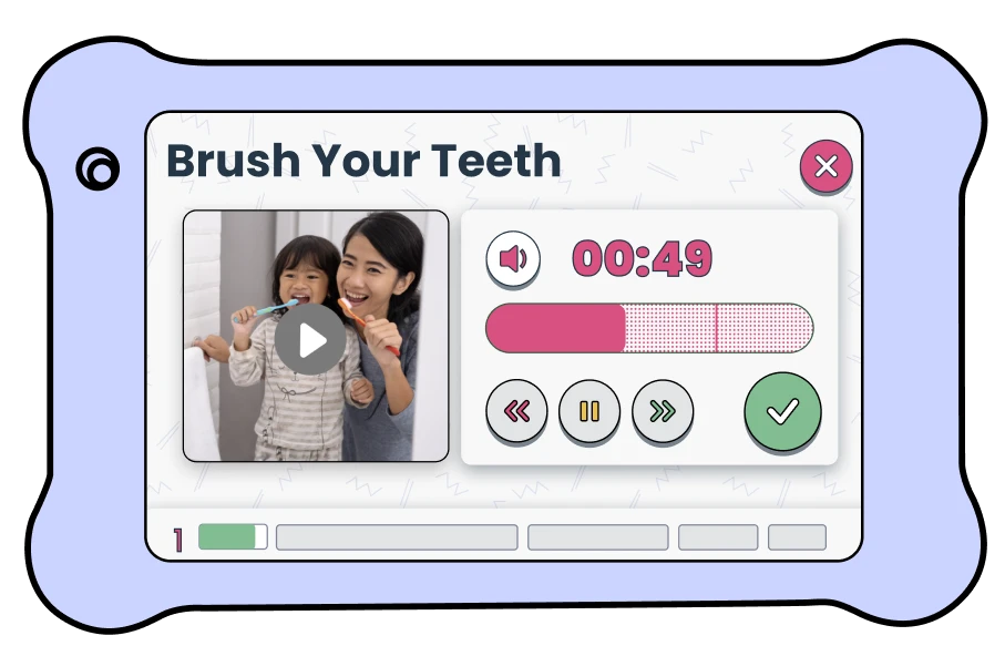 Interactive 'Brush Your Teeth' reminder with a countdown timer, part of the visual schedule app by Goally's CoPilot app, designed to encourage dental hygiene in a fun way for children