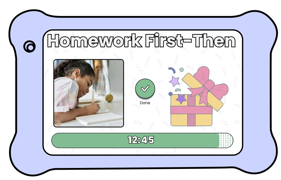 Homework task completion screen with reward visualization, a part of the visual schedule app from CoPilot by Goally, designed to incentivize users